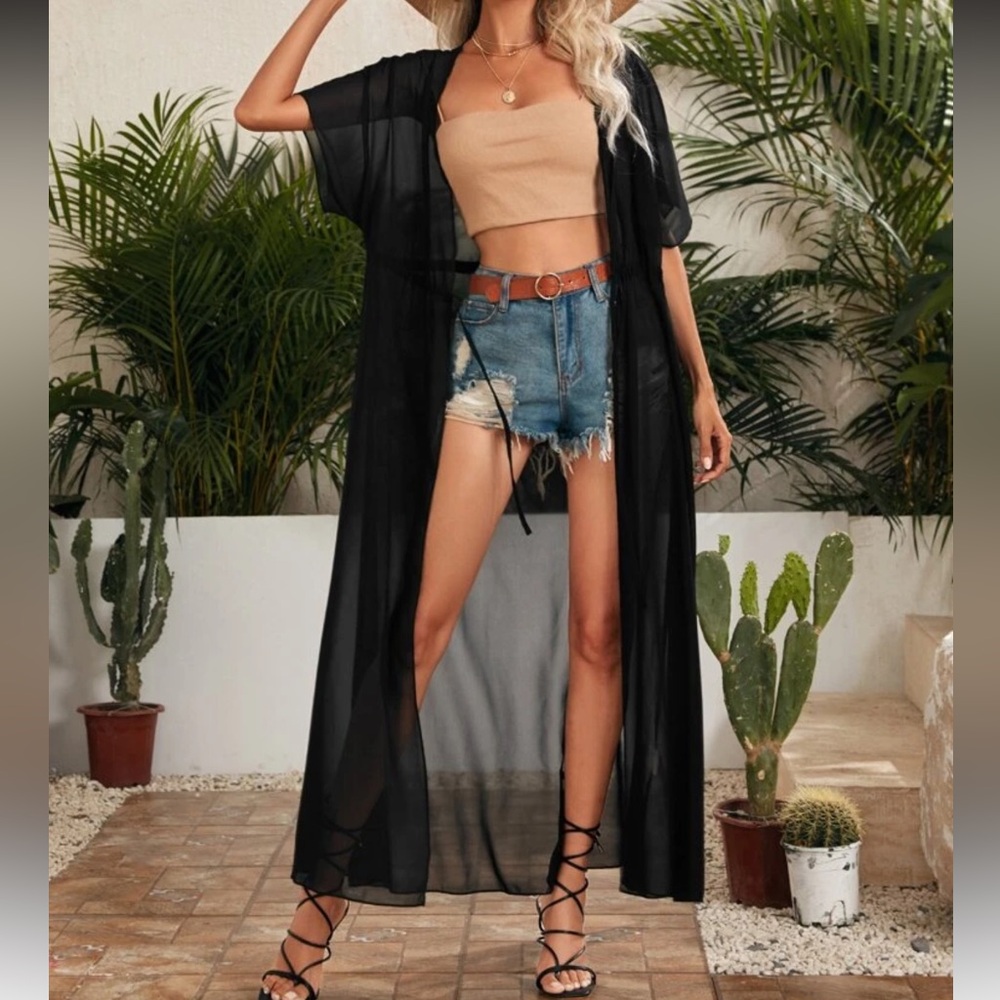 🔥FINAL SALE🔥 Elegant Black Sheer Tie Waist Swim Kimono - Picture 4 of 5